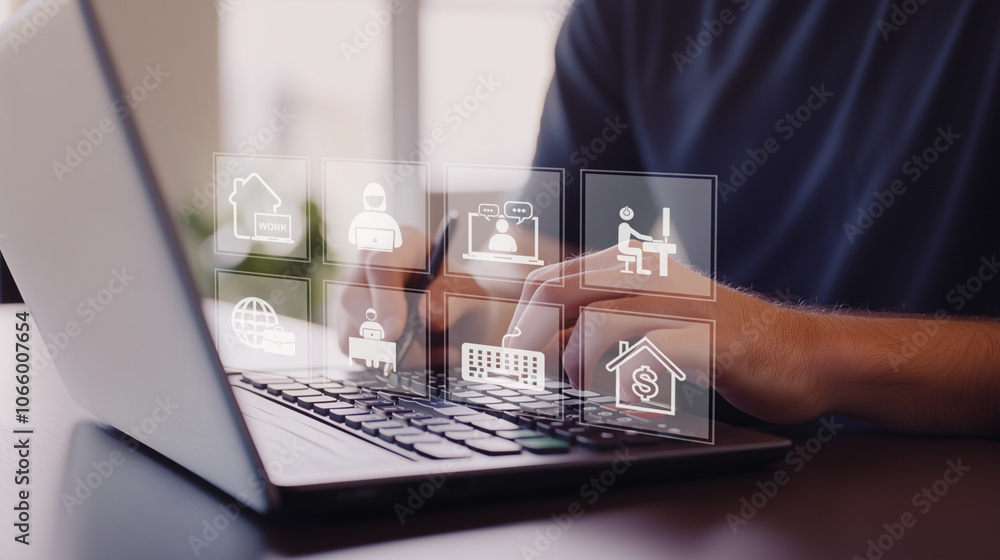 Poster work from home concept: a person uses a laptop with holographic icons representing various aspects o