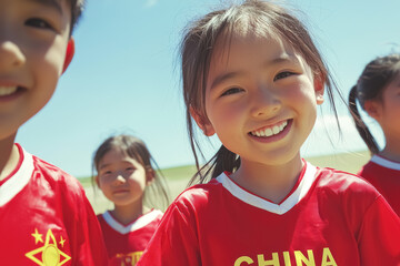 Happy Chinese Children in Red Soccer Jerseys Smiling Together. A close-up of young Asian children with black hair, smiling brightly while wearing red jerseys with "China" printed, enjoying a sunny day