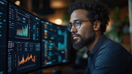 Fototapeta premium Business analyst reviewing complex financial data charts on a computer screen in a modern workspace.
