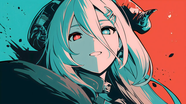 A demonic monster that is a girl with a very sweet face and a sadistic expression. One of her eyes is red, the other blue, with horns on her head.
