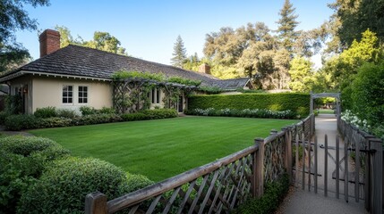 An outdoor wooden fence with lattices stands next to a well-maintained lawn, surrounded by residential houses in British Columbia