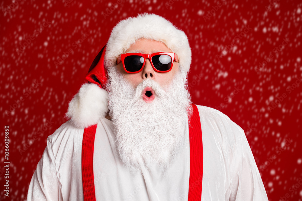 Wall mural Close-up portrait of his he attractive amazed stunned wondered cheery Santa father pout lips wow reaction isolated over bright vivid shine vibrant red burgundy maroon color background