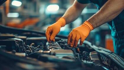 Detail oriented mechanic in orange gloves carefully fixes car engine at auto repair shop