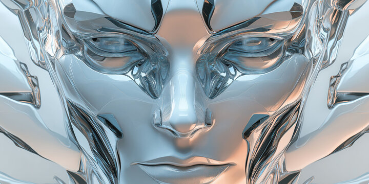 Futuristic metallic android face art with reflections and abstract design