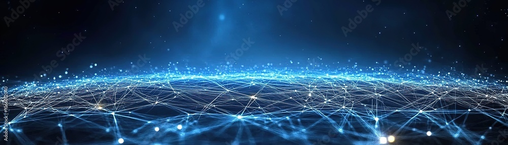 Poster explore the dynamic connections of technology through futuristic digital networks and visualizations