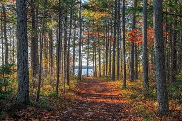 Fototapeta premium A peaceful autumn forest scene, where sunlight filters through the golden and red leaves of tall trees, casting warm light onto a narrow path. 