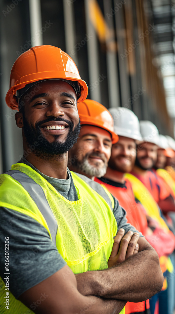 Poster happy construction workers in safety vests and hard hats standing in a row at the construction site