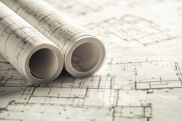 Close up of architectural blueprints  rolled and flat designs showcasing technical drawing detail
