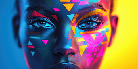 Obraz premium Vibrant geometric face paint art in dynamic neon lighting