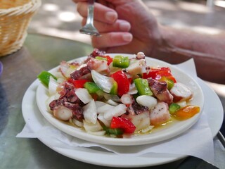 Salat mit Calamaris, Zwiebeln, Paprika, und Tomate