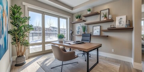 Fototapeta premium Bright home office with contemporary desk style and large windows