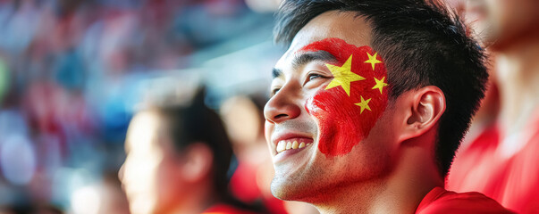 Chinese Man with Flag Face Paint Smiling at Soccer Stadium. A young man with a painted red and yellow face stands among fans, showing support with a wide smile.
