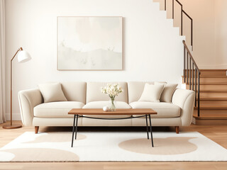 Cozy living room featuring a modern beige sofa with decorative pillows, a wooden coffee table, and a minimalist aesthetic