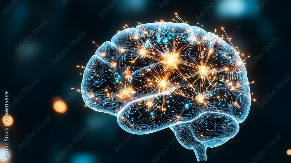 Poster a digital brain with glowing circuits symbolizes advanced neural networking and creativity