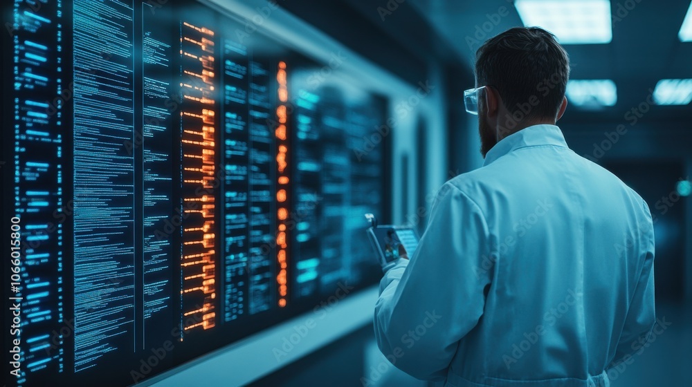 Poster scientist analyzing data on holographic display