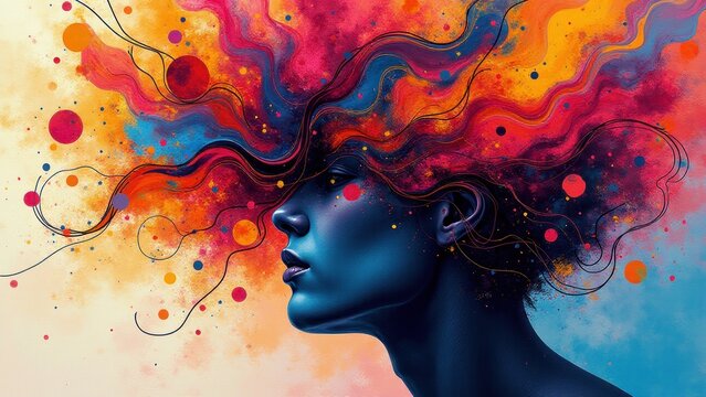 Abstract representation of ADHD with vibrant colors and exploding energy, symbolizing a mind filled with dynamic thoughts and creativity.