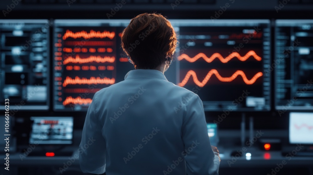 Poster researcher analyzing data in a high-tech environment