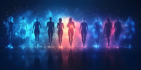 Fototapeta premium Abstract digital business team concept with people silhouettes in blue and gray colors on a white background A group of businesspeople standing together, working as a collaborative team