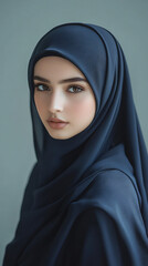 Naklejka premium Graceful young muslim woman confidently poses in a stylish blue hijab, blending tradition with modern flair to reflect her faith and culture