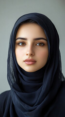 Naklejka premium Portrait of a young muslim woman with brown eyes wearing a black hijab looking at the camera