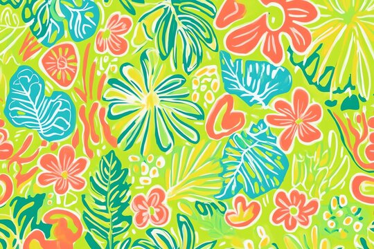 Pattern floral hawa&iuml;en color&eacute; avec feuilles de palmier et fleurs exotiques.