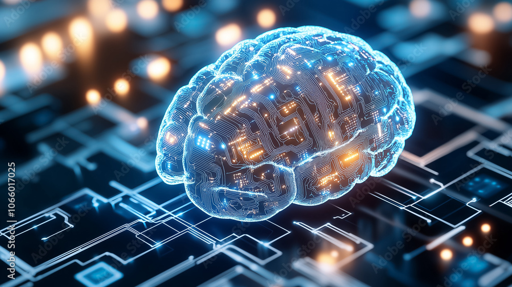 Poster an abstract brain pulses with light, interwoven with circuits, symbolizing intelligence in a futuris