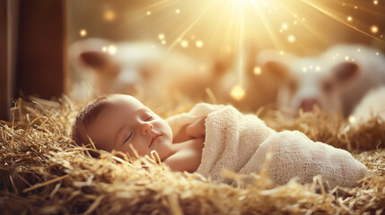 Newborn baby Jesus sleeps peacefully in a wooden manger on straw against the backdrop of a barn with animals, illuminated by divine rays of light. Religious scene Christmac of Jesus Christ