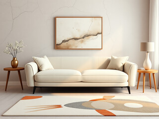 Modern living room featuring a cozy white couch, stylish decor, and abstract art in a bright, minimalist space