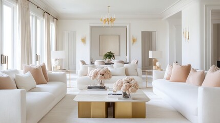 White and Gold Living Room Interior with Plush Couches and a Marble Coffee Table