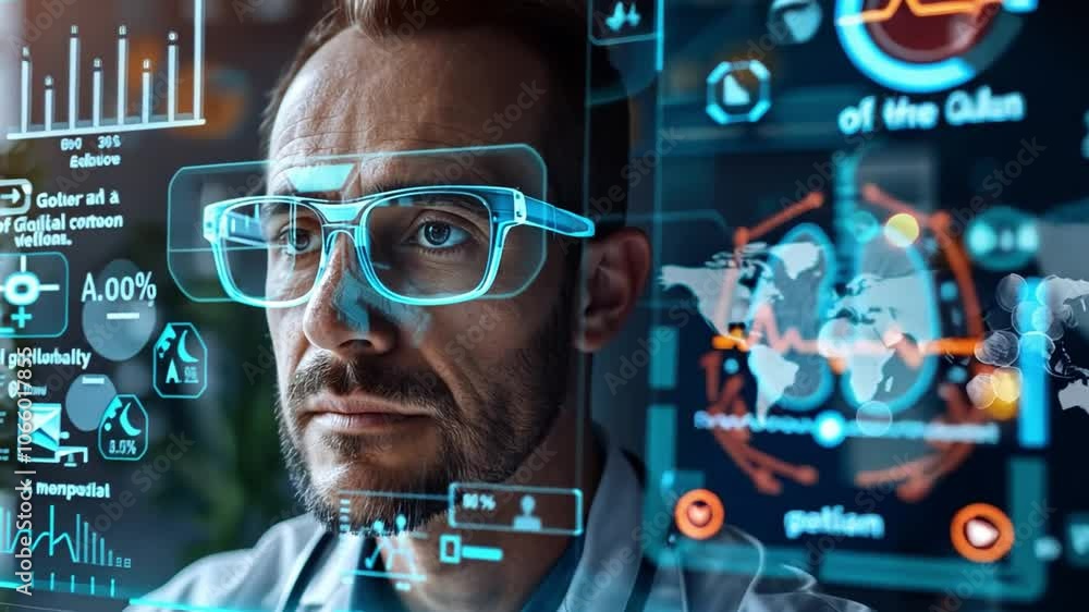 Poster In a contemporary lab, a scientist with glasses focuses intently on advanced data visuals and health metrics displayed on a digital screen. This activity reflects cutting-edge research.