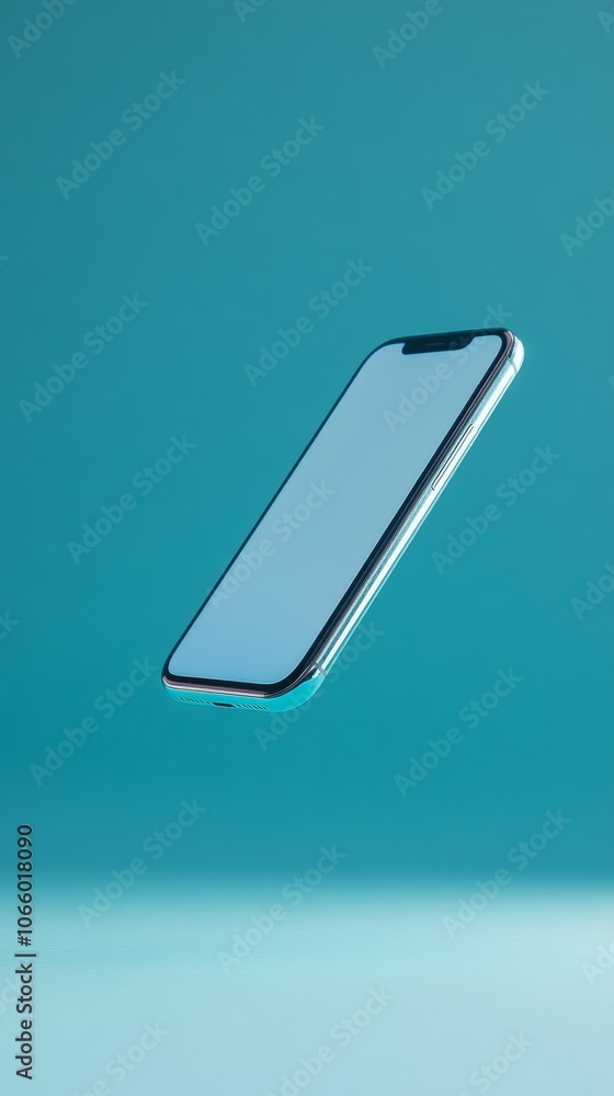 Poster Modern smartphone with a blank screen floats on a vibrant turquoise background, creating a clean and modern aesthetic perfect for showcasing mobile apps or related content