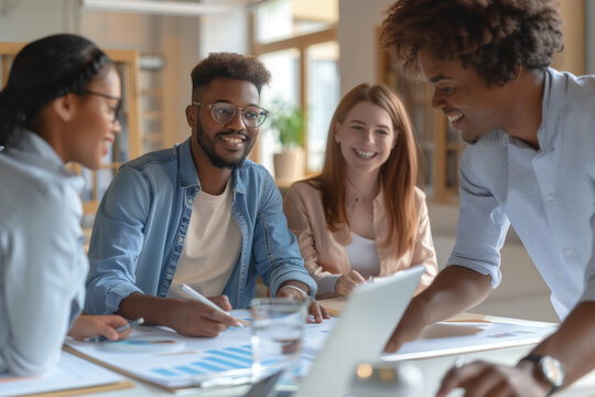 A group of young professionals collaborate in an office, enthusiastically discussing ideas. Creativity, teamwork and productivity in a goal-oriented environment. Concept: creative collaboration