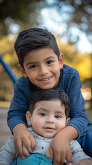 Big brother embraces his happy baby sibling in the park on a sunny fall afternoon