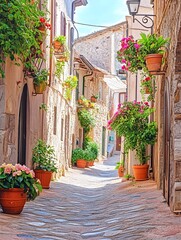 Fototapeta premium A winding lane meanders through an old Italian seaside village adorned with lush flowering potted plants in the doorways