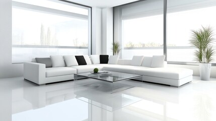 Fototapeta premium Modern white living room with large windows, a sectional sofa, and a glass coffee table.