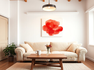 Cozy living room with a soft couch, wooden coffee table, and vibrant artwork in a modern home setting