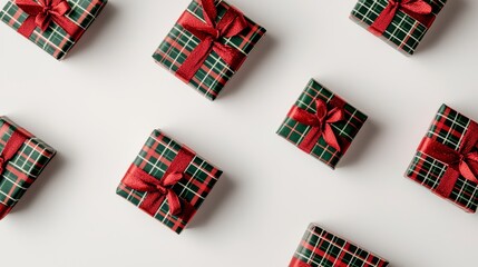 Fototapeta premium Small festive gift boxes with red and green plaid patterns, arranged neatly on a white background, ribbons curling artistically