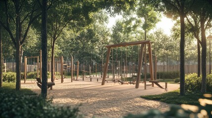 A wooden playground with swings, monkey bars, and other equipment is surrounded by lush greenery.