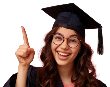 PNG Smiley teenager girl point finger to above graduation background woman.