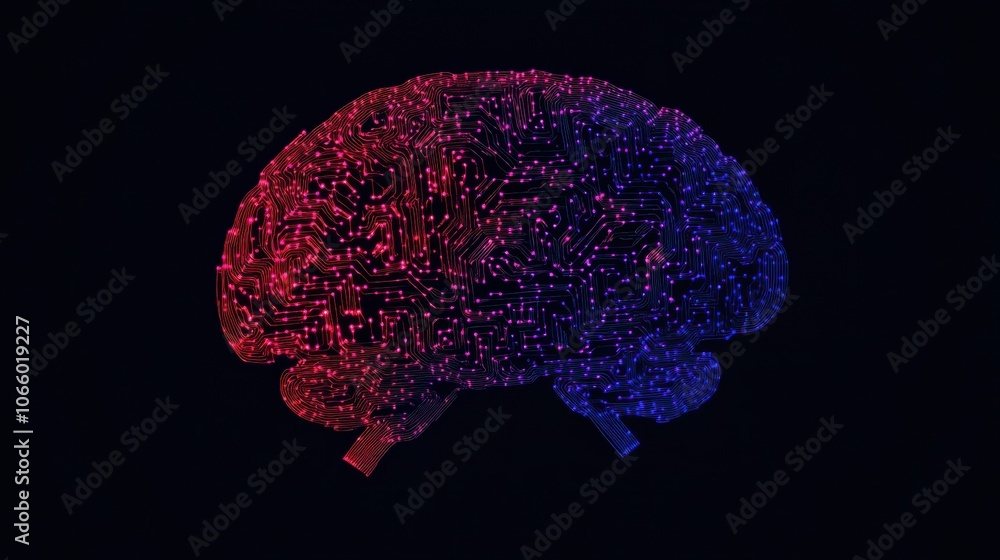 Poster glowing digital brain with data pathways