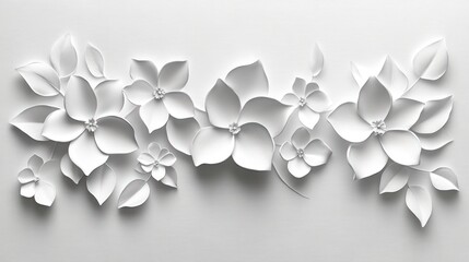 White paper flowers and leaves arranged in a horizontal line on a white background.