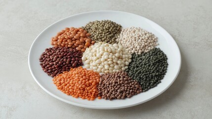 A variety of legume organic protein plants that are beneficial to the body and health on a white plate 