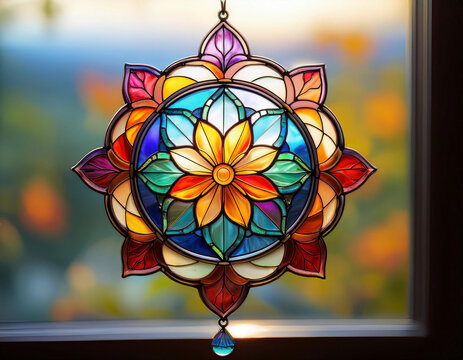 Colorful floral stained glass  suncatcher, anniversary gift, suncatcher for window hanging	
