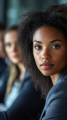 Stylish african american manager leading a successful team in a modern city office, embodying determination, ambition, and teamwork in a corporate setting