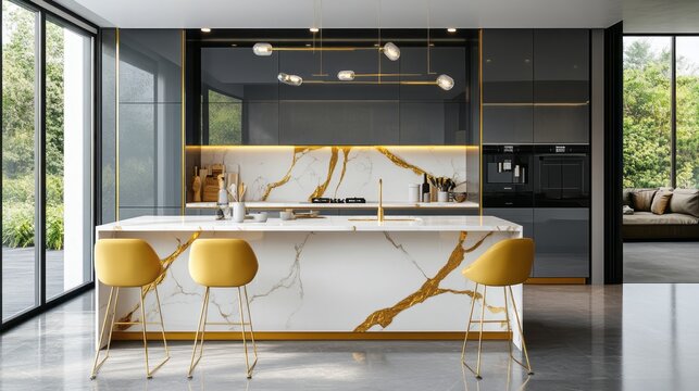 Modern Kitchen with Marble Island, Gold Accents, and Yellow Stools