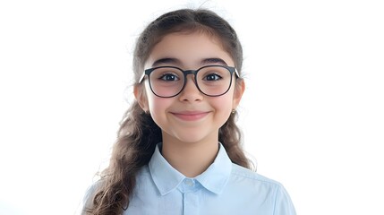 Cinematic scene.Young girl with eyeglasses. Smiling. white background