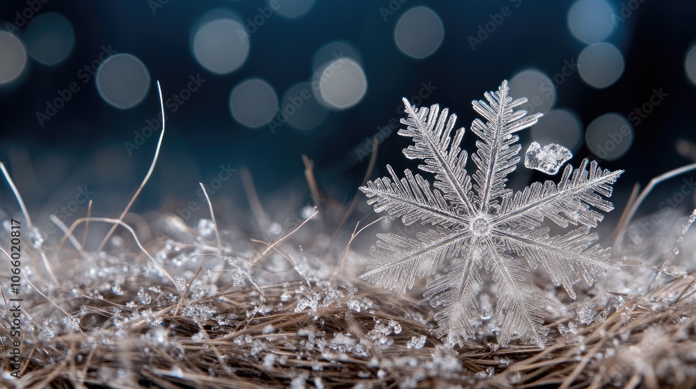 Poster a captivating snowflake displays crystal-clear symmetry and intricate patterns, emphasizing its deli