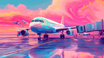 Fototapeta premium Surreal airport dreamscape: imaginative, distorted, airport signs, melting shapes, vibrant colors. Dreamscape. Illustration