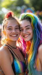 Fototapeta premium Two friends eagerly join in the pride event festivities, ready to celebrate