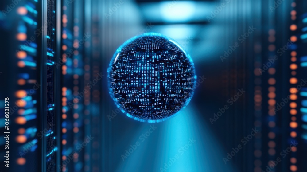 Poster futuristic floating orb with holographic interfaces